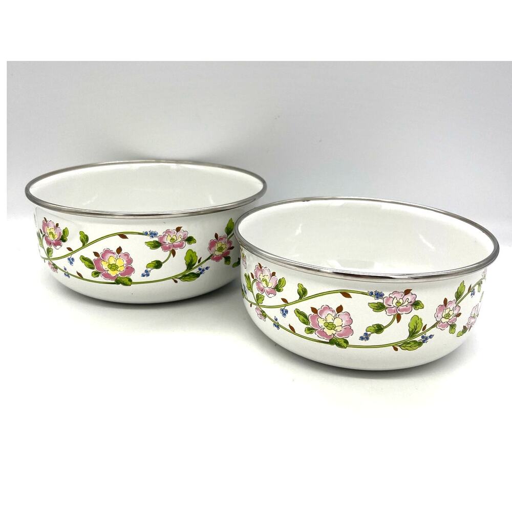 Vintage Floral Kobe Kitchen Set of 2 Metal Nesting Bowls Pink Green Vines Japan